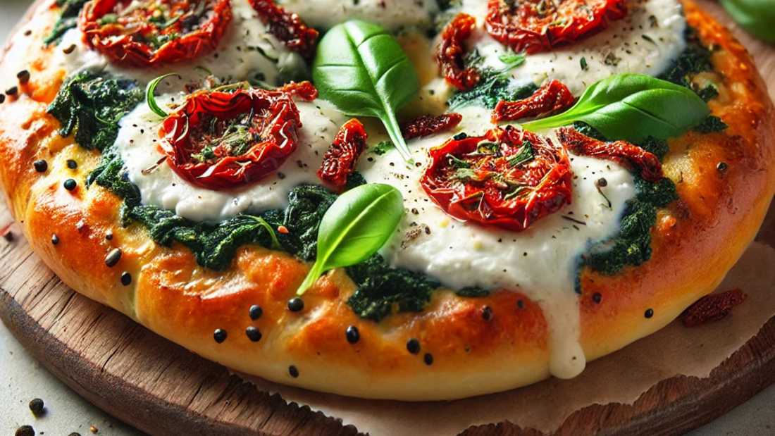 Pizza de Bagel con Ricotta, Espinacas y Tomates Secos