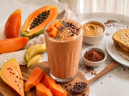 Batido cremoso de papaya, cacao puro y mantequilla de maní